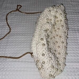 Anthropologie Cream Pearl-Studded Clutch with Gold Chain